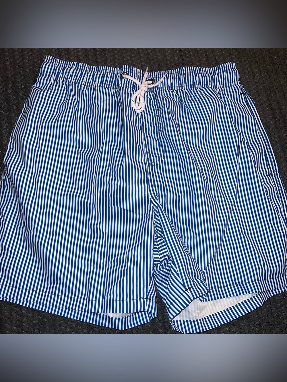 Blue and White Vertical Stripe Swim Shorts